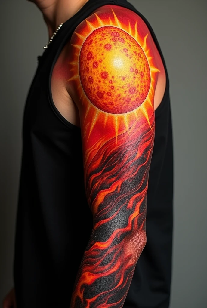 red and orange sun tattoo sleeve