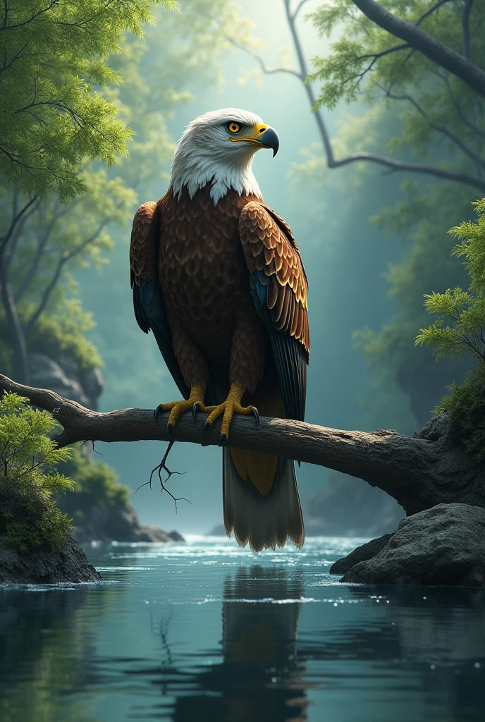An eagle standing on a branch above a crystal-clear river, with its reflection visible in the water and a lush, green forest in the background.