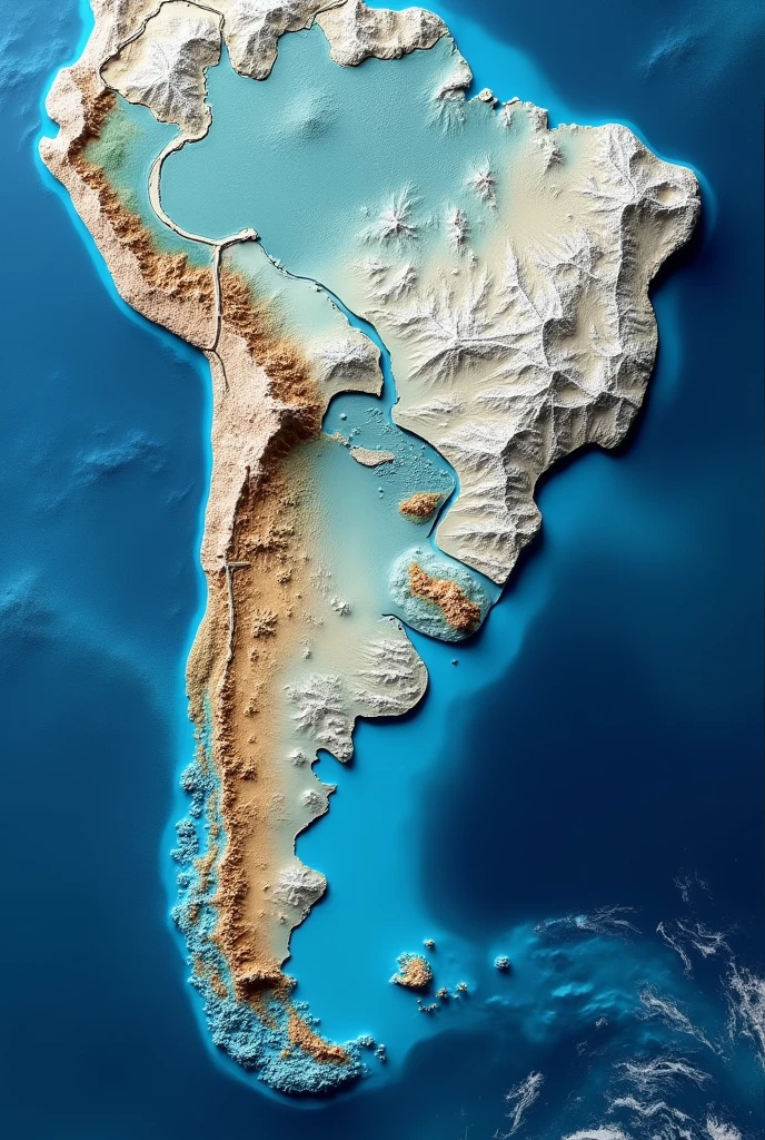 A satellite image as cartographically accurate as possible in relief mode of Argentina and the Malvinas surrounded by the sea with the colors of the Argentine flag in the highest quality achievable in photographic mode.