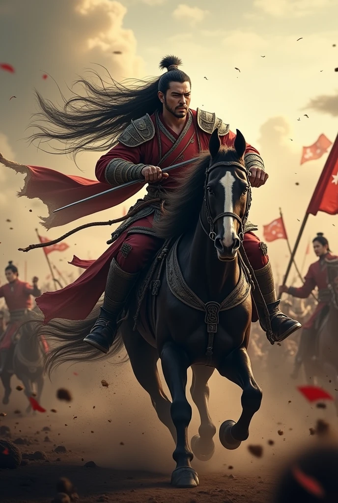 Movie Lenses,Describing the Three Kingdoms period,Lü Bu was riding a horse.,Long hair spread out,Hold a long knife in your left hand,Holding the reins with the right hand,The expression is hideous,Fighting in the crowd,To keep yourself alive
