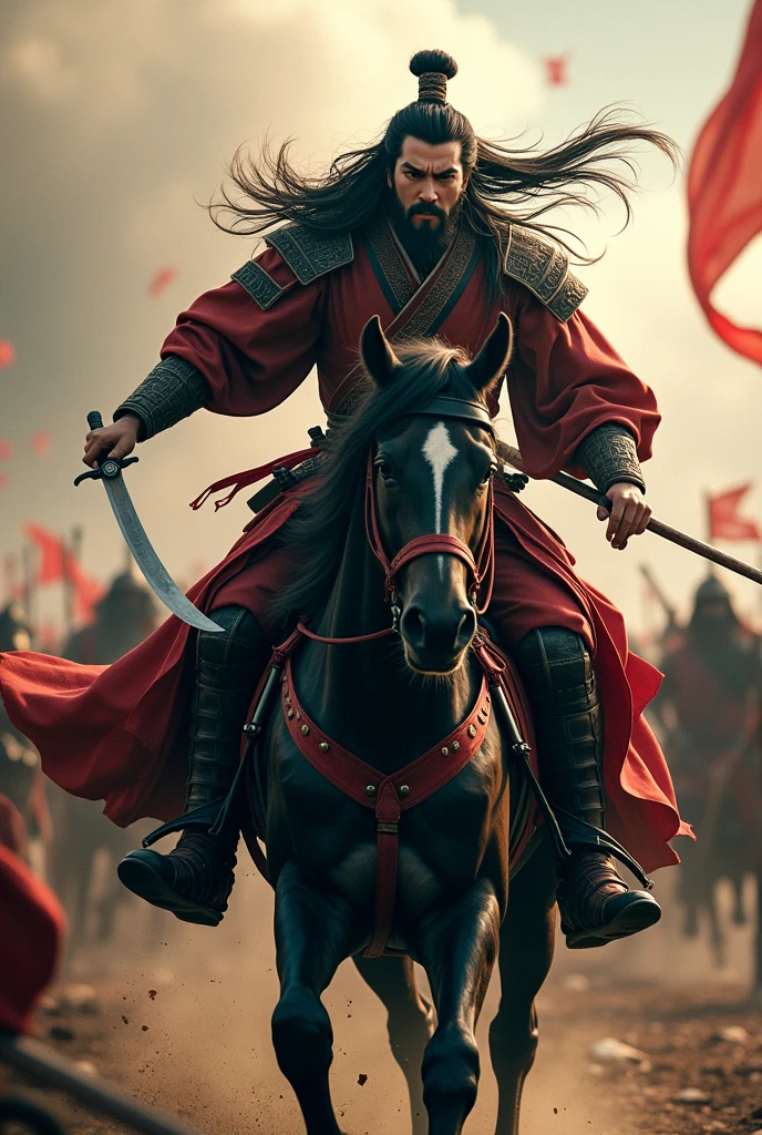 Movie Lenses,Describing the Three Kingdoms period,Lü Bu was riding a horse.,Long hair spread out,Hold a long knife in your left hand,Holding the reins with the right hand,The expression is hideous,Fighting in the crowd,To keep yourself alive