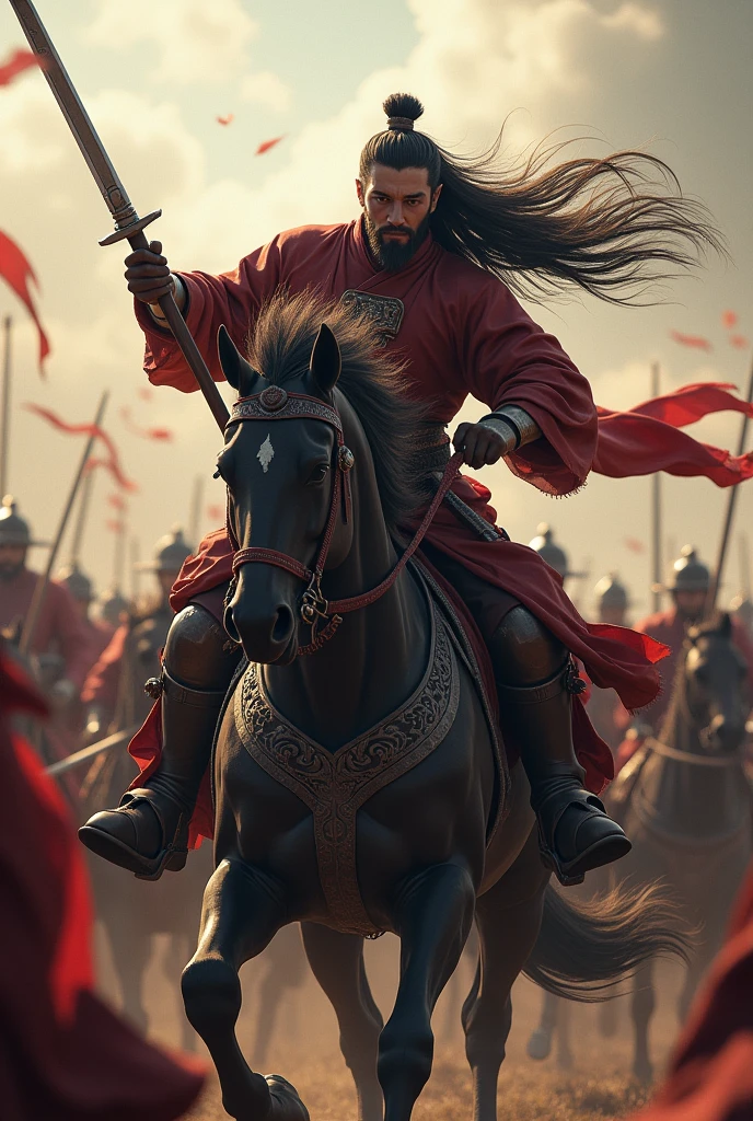 Movie Lenses,Describing the Three Kingdoms period,Lü Bu was riding a horse.,Long hair spread out,Hold a long knife in your left hand,Holding the reins with the right hand,The expression is hideous,Fighting in the crowd,To keep yourself alive