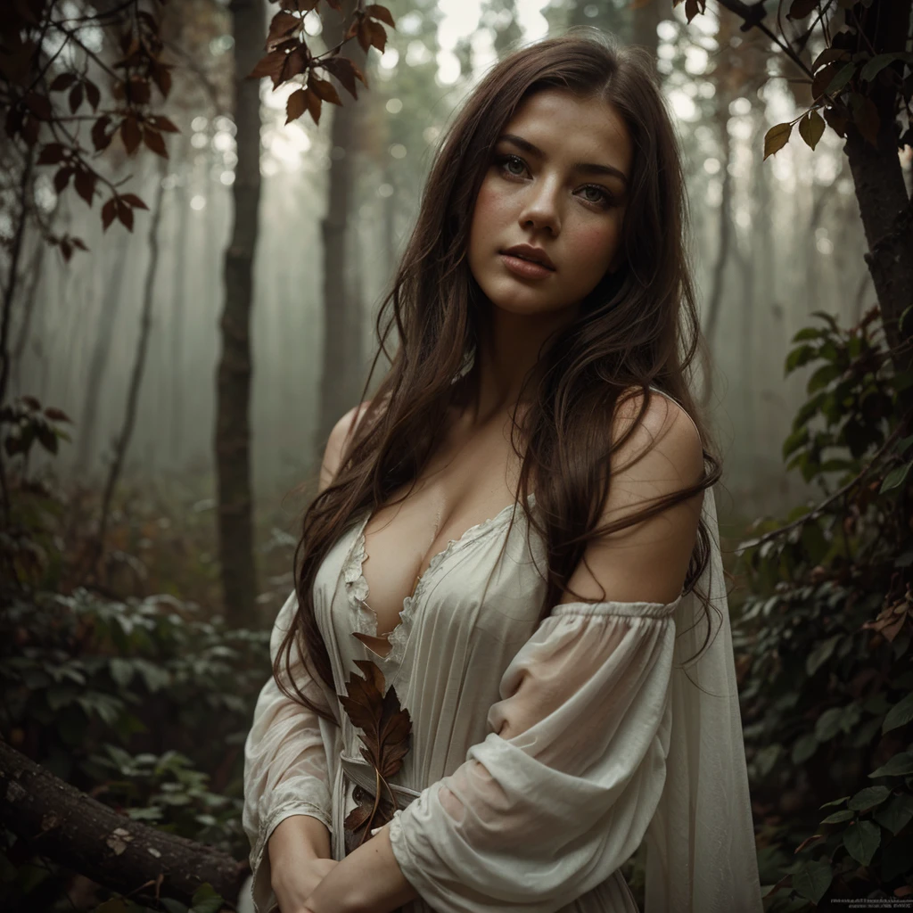 adriana lima, thick brown hair, Hot , Ukrainian girl, wavy brown hair, Dasha Taran, pretty beautiful brunette, (solo one girl : 2.0), Full portrait, Realistic, Photorealistic, analog photo, Highly detailed, cinematic rendering, Wild Dead Forest, evening, Cute 24-year-old woman, Leaning back in a tree and looking up at the grey cloudy sky, Redhead, Sexy, Dressed in a white tattered nightgown, Black leaves float in the air, Behold, the glittering particles flutter, classical painting composition, Dark gloomy background, An atmosphere of melancholy and sadness, surreal photo, by Alphonse Mucha, detailed perfect face, Melancholic aesthetic, Faded colors, cinematic composition