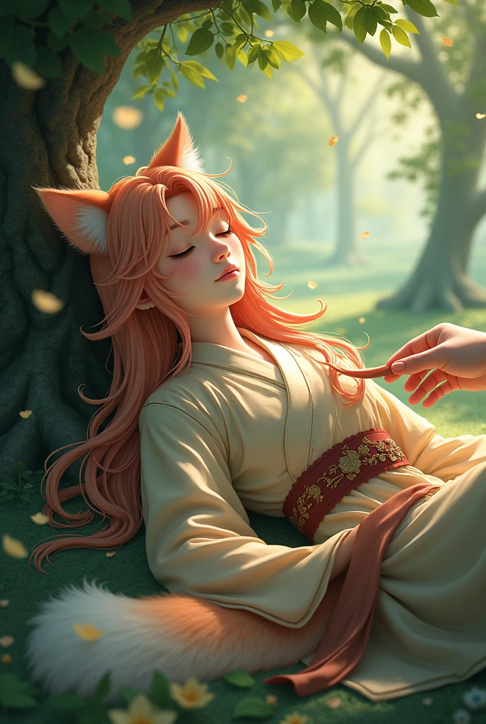 young man with long peach colored hair with fox ears with fox tail in Chinese clothes sleeps under the tree in magical forest someone's hand grabs his tail realistic