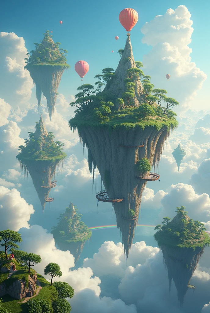 High above the clouds, islands float like bubbles. Each island has its own ecosystem—lush forests, crystal-clear lakes, or vibrant meadows. Bridges made of rainbows connect them, and hot air balloons ferry people between these magical realms.