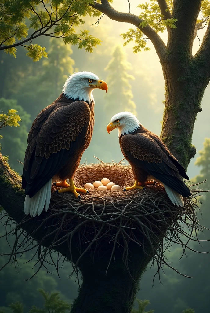A pair of eagles in their large nest, high up in a tall tree, with one eagle tending to their eggs and the other keeping watch over the surrounding forest.