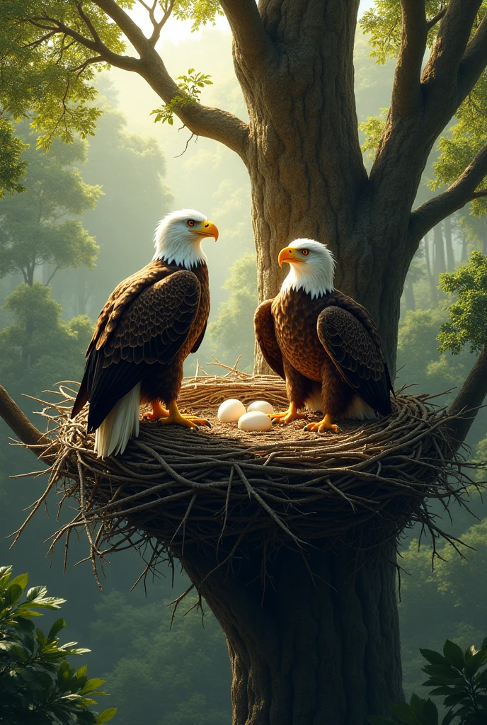 A pair of eagles in their large nest, high up in a tall tree, with one eagle tending to their eggs and the other keeping watch over the surrounding forest.