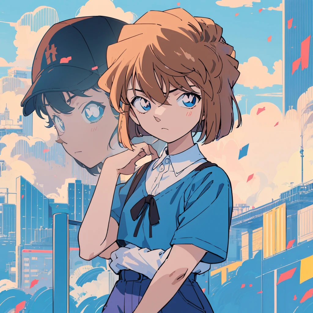 masterpiece, best quality, beautiful face, (street, upper body:1.4), anime style, (1girl in, Solo:1.0), (Haibara Ai), ((Short pants)), (((Big eyes))), (Cute anime girl head), (flat chest),looking at viewer,from front, upper body, 10 years old, With a height of 100cm, shoot from front, (head shot), Simple line minimalism, Abstract Art, (Background sky), sad expression