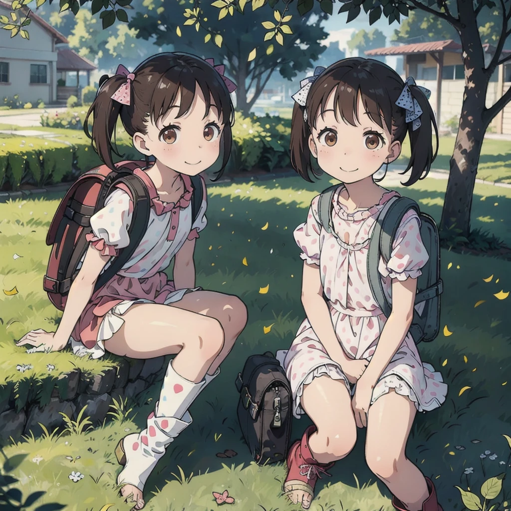 masterpiece, Highest quality, High resolution, Very detailed, Detailed Background, Cinema Lighting, 1 person,, Looking at the audience, barefoot, Data dress,Cute Dresses, Polka dots, Sitting, She is wearing white long socks., White Pantyhose, wearing heeled boots, (boots:1.2), Short sleeve, Looking at the audience, Grass, short hair, smile, Dark brown hair, Medium Hair, Twin tails,Hair Ribbon, Puffy sleeves, Outdoor, puffy Short sleeve, bangs, whole body, wearing red Backpack, (Backpack:1.2), Pink Dress, Daylight, Brown eyes