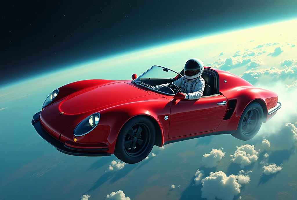 hyperréaliste , masterpiece, vue aérienne d’une super voiture de sport rouge décapotable conduite par un cosmonaute avec une planète bleue au loin en arrière-plan, Dérive dans l’espace, SpaceX, Epic Road - Voyage dans l’espace, la voiture Vole dans le vide de l’espace, Tesla moderne, regarder dans l’espace, voler dans l’espace, Lancement dans l’espace, cosmonaute dans l’espace, voyage dans l’espace