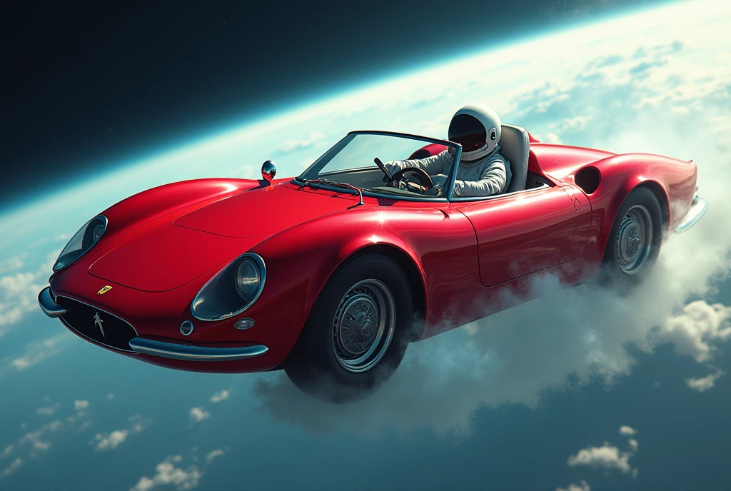 hyperréaliste , masterpiece, vue aérienne d’une super voiture de sport rouge décapotable conduite par un cosmonaute avec une planète bleue au loin en arrière-plan, Dérive dans l’espace, SpaceX, Epic Road - Voyage dans l’espace, la voiture Vole dans le vide de l’espace, Tesla moderne, regarder dans l’espace, voler dans l’espace, Lancement dans l’espace, cosmonaute dans l’espace, voyage dans l’espace