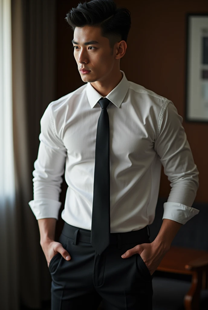 1 handsome Korean gentleman, 27 years old, Lawyer, formal shirt and tie, Lawyer, provocative and erotic pose, armpit sweat, Professional attire, Handsome and elegant, Wearing uniform, sexy abstinence, wearing blouse, Masculine and handsome, muscular, Nice looking muscles, , fair skin, Black eyes (1:3 thin eyes), Full body shot, erotic face, firm chest, provocative, , sexy