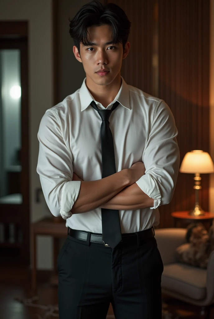 1 handsome Korean gentleman, 27 years old, Lawyer, formal shirt and tie, Lawyer, provocative and erotic pose, armpit sweat, Professional attire, Handsome and elegant, Wearing uniform, sexy abstinence, wearing blouse, Masculine and handsome, muscular, Nice looking muscles, , fair skin, Black eyes (1:3 thin eyes), Full body shot, erotic face, firm chest, provocative, , sexy