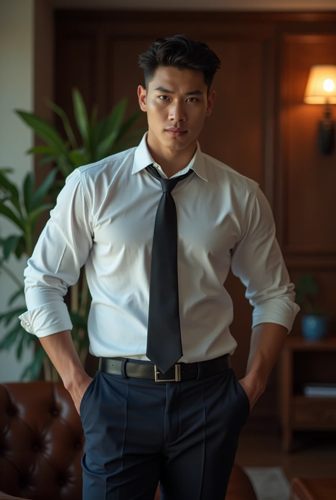 1 handsome Korean gentleman, 27 years old, Lawyer, formal shirt and tie, Lawyer, provocative and erotic pose, armpit sweat, Professional attire, Handsome and elegant, Wearing uniform, sexy abstinence, wearing blouse, Masculine and handsome, muscular, Nice looking muscles, , fair skin, Black eyes (1:3 thin eyes), Full body shot, erotic face, firm chest, provocative, , sexy