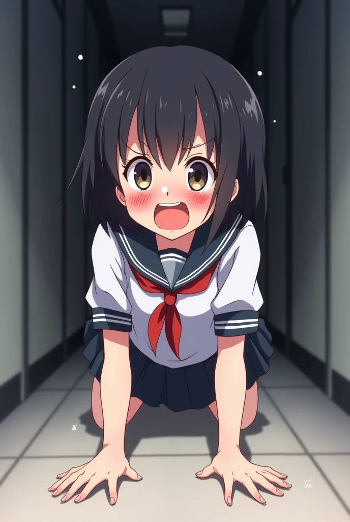  anime school girl crawling on ground with collar cute face crying for help,