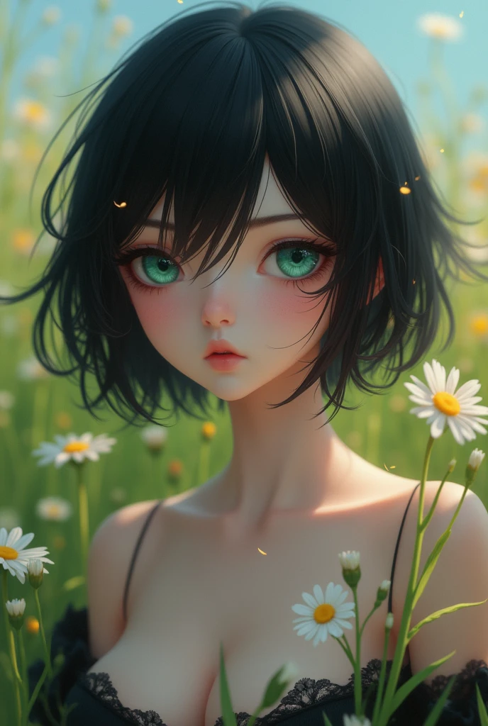 Pale-skinned goth girl without exaggeration, short black hair , one green eye and one blue, that only her torso and her beautiful perfect tits and perfect tits and ass can be seen with a smile and a look that expresses love for me, realistic style with a summer style background or in a field of flowers 