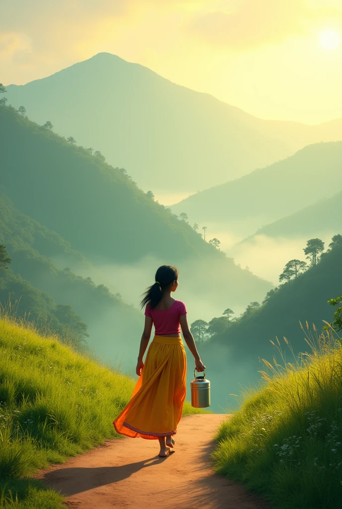 Misty, greenish hills and morning mountains in a village kerala sunny day and a girl wearing pavada walking, a milk container in her hand