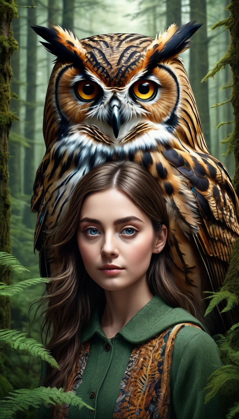 a highly detailed and realistic 4k 8k illustration of a person with four eyes and an owl-like body in a forest, (best quality,4k,8k,highres,masterpiece:1.2),ultra-detailed,(realistic,photorealistic,photo-realistic:1.37),extremely detailed animal,complex patterns,realistic lighting