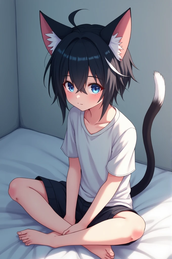 Anime boy sitting on a bed with his legs crossed and a long shirt that reaches his thighs, Black hair with some white patches, Cat ears and black cat tail with white patches, light blue eyes