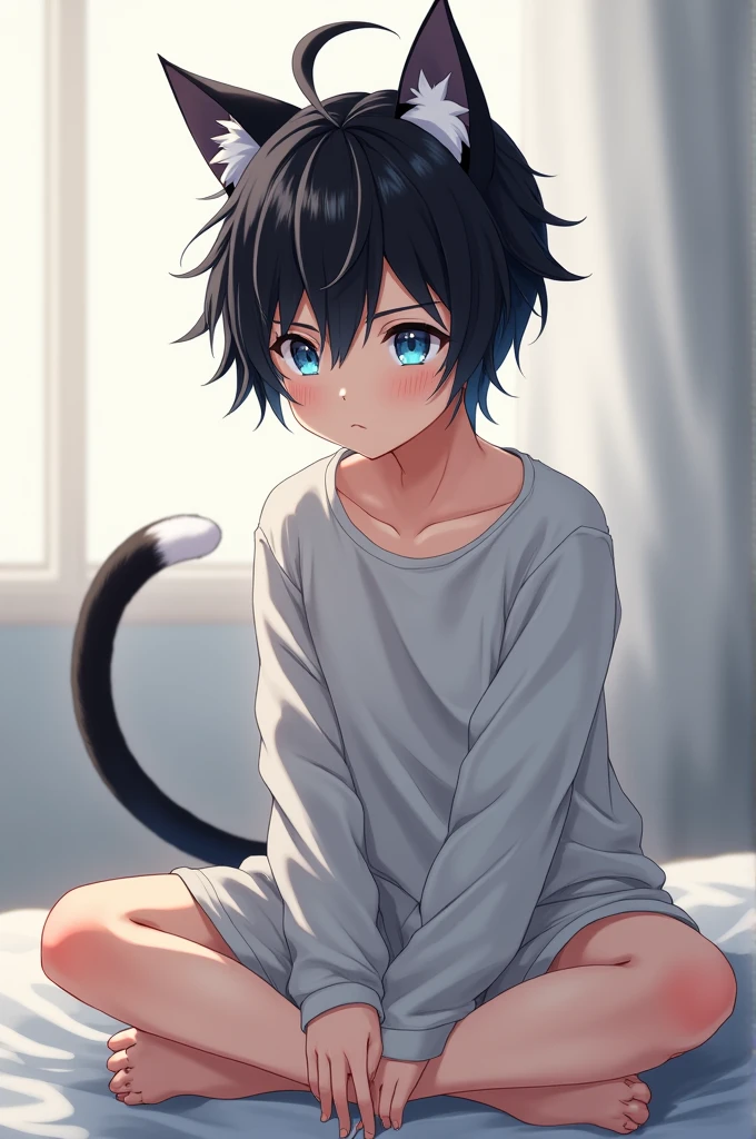 Anime boy sitting on a bed with his legs crossed and a long shirt that reaches his thighs, Black hair with some white patches, Cat ears and black cat tail with white patches, light blue eyes
