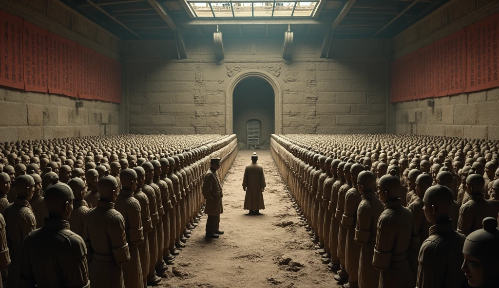 Depict the underground mausoleum being filled with the Terracotta Army. Show artisans and sculptors carefully crafting the life-sized statues, each with unique features. The scene should be set in a dimly lit cavern, with rows of completed soldiers standing guard in silence. Qin Shi Huang can be portrayed observing the process, with an expression of solemnity and determination. The atmosphere should be eerie and awe-inspiring, highlighting the scale and mystery of the project."