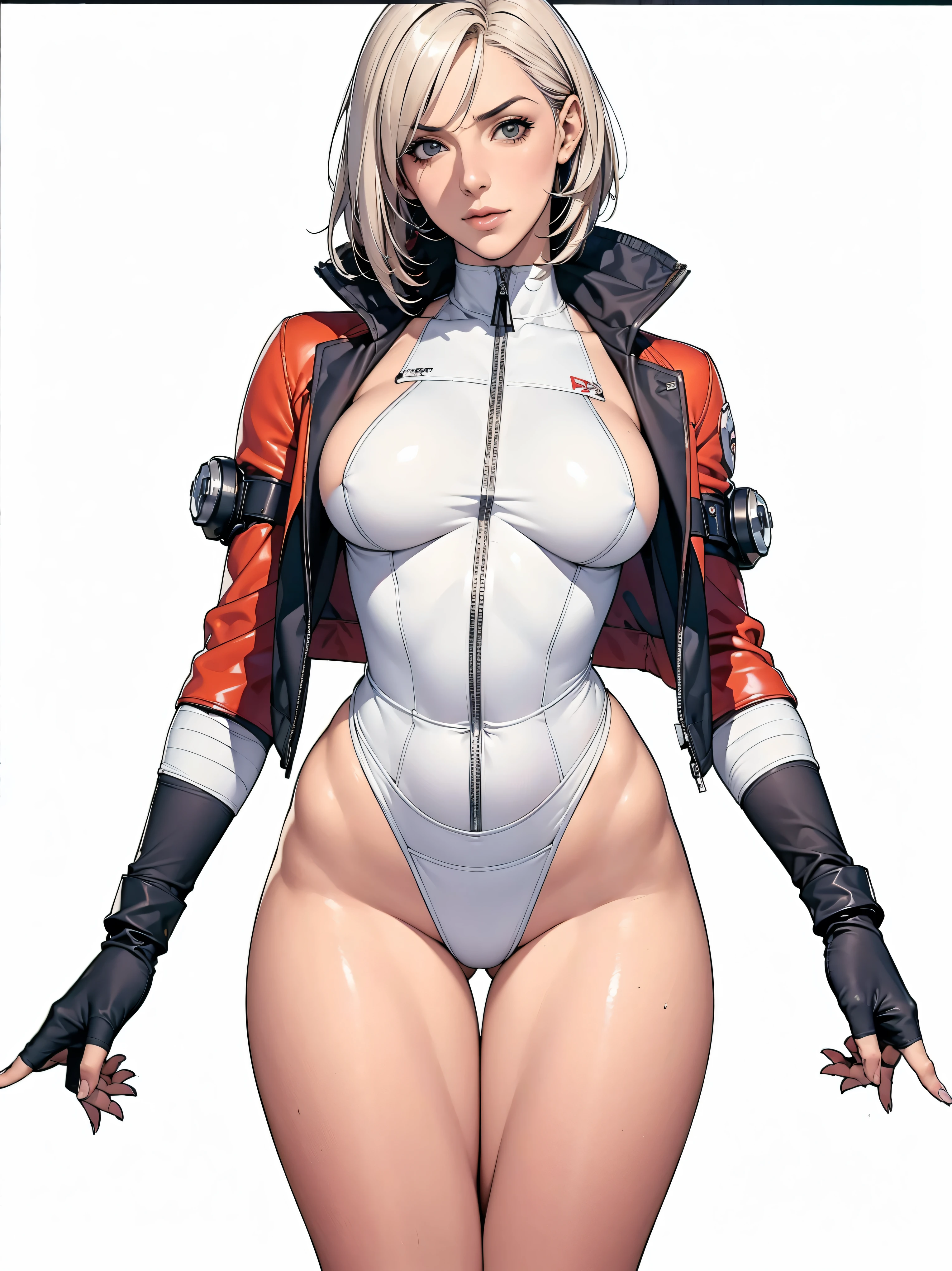 (((Annie Lennox))), (((colorful suit))), (scars), (((bandaged arms))), (((colorful clothes))) (( hood)), (((best quality: 1.4))), (Unbeatable masterpiece), (hyper HD),(CG 8k hyper-realistic), beautiful face, (((breasts big))), (((hyper feminine))), sexly girl, ((round face)), black tattoo,（ultra short red hair with white highlights)), ((( sculptural body ))), (((1 Kizi))), Kizi tatuada de 25 anos com perfect body, perfect hands, perfect fingers ,Beautiful and well-groomed face, (round face), muscular body:1.2,solid color detailed jacket, (Head to thigh photos)， Complex equipment, ，Tight clothes，With white stars and off-white stripes,,,,,Armor Metal Electronic Parts, Poison tattoos ) INFO, Kizi, (((standing alone))), , 24歳, sexy, pose de attitude, work of art, dancing, ((slight smile)), post-apocalypse, (((manga style))), bounty hunter, the way you want, perfect body, roupa moderna, advanced technology, white, yellow accent, black, red accent, fur collar jacket, sleeves with vertical striped pattern, background city, (( cowboy shot )). intricate visual, narrow waist, (((wide hips))), wide hips, fit thighs, (((thigh gap))), Thigh gap, background shows a futuristic airplane, open expression, expression happy