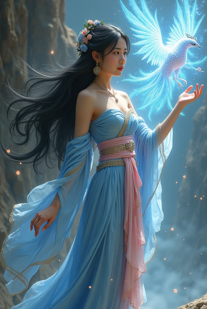 full lenght a Full-body image of a beautiful young woman, sweet and gentle, wearing a light blue strapless Thai dress, a nine-gem belt, a pink sarong with gold trim, a light blue silk shawl over her shoulders, long flowing black hair, a flying crown tied loosely. She extends her right arm and there is a majestic phoenix from digital ashes in a blaze of holographic flames. The corner of a steep cliff is surrounded by small flowers, beautiful, glowing and shimmering. 3D image, oil painting, sharp image, art of Professor Chalermchai.