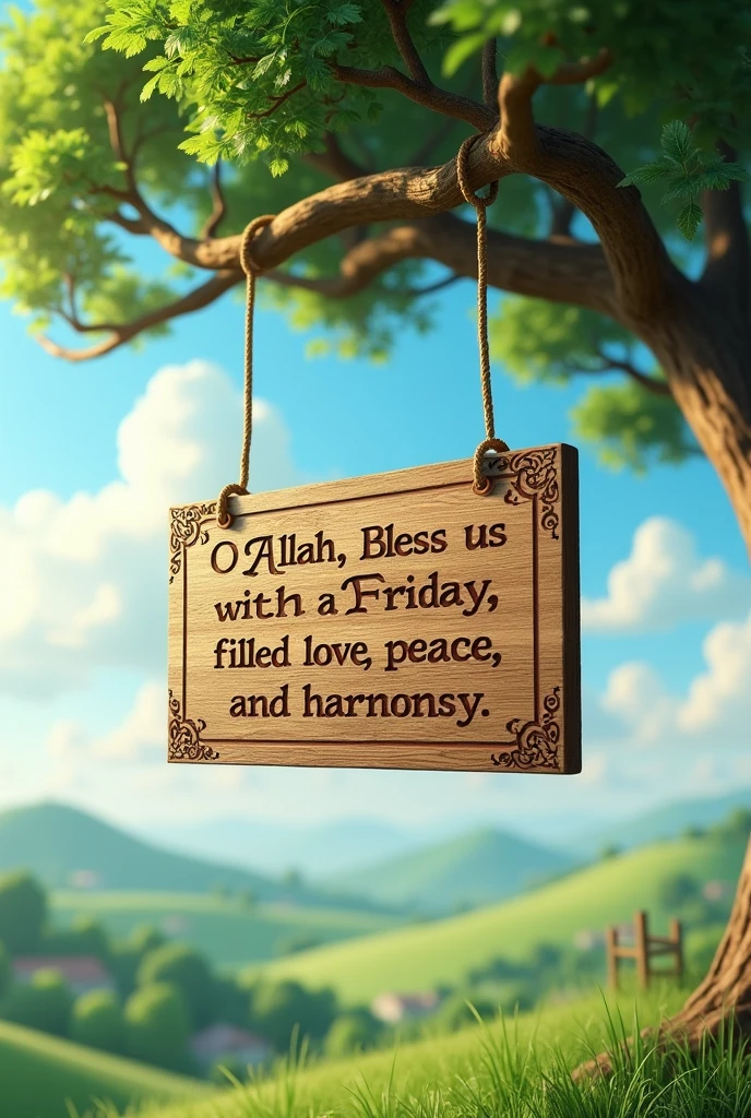make a 3d picture a placard hanging in a tree and text it " O Allah, bless us with a Friday filled with love, peace, and harmony. " make it a beautiful view with outstanding looking