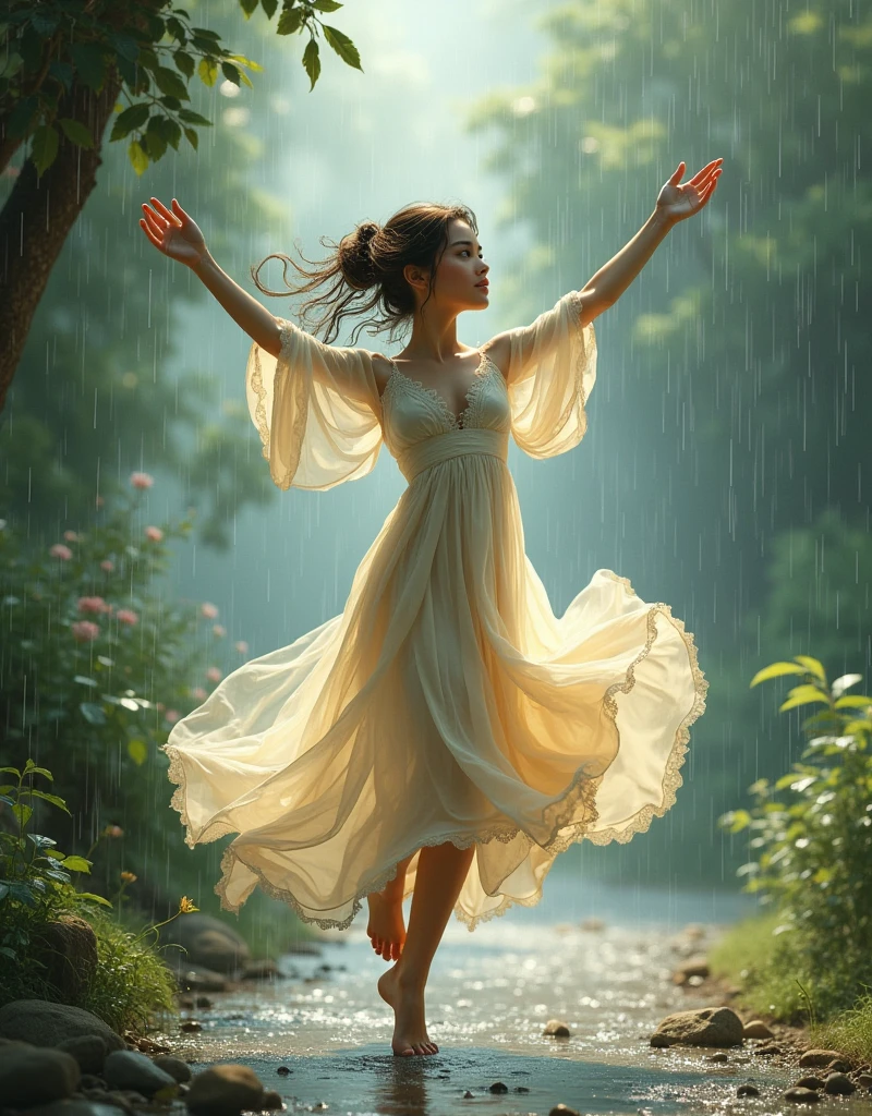 A beautiful girl dancing in the rain is very beautiful and very peaceful living detailed art