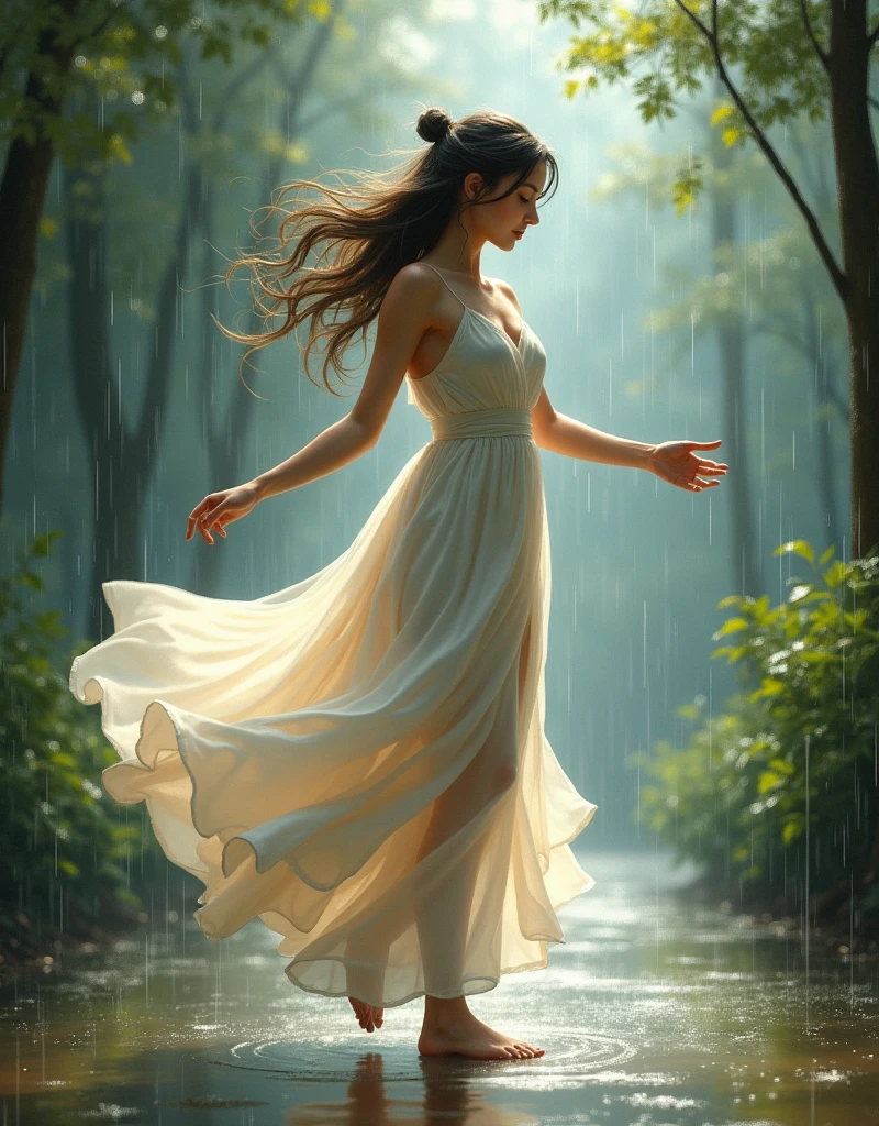 A beautiful girl dancing in the rain is very beautiful and very peaceful living detailed art