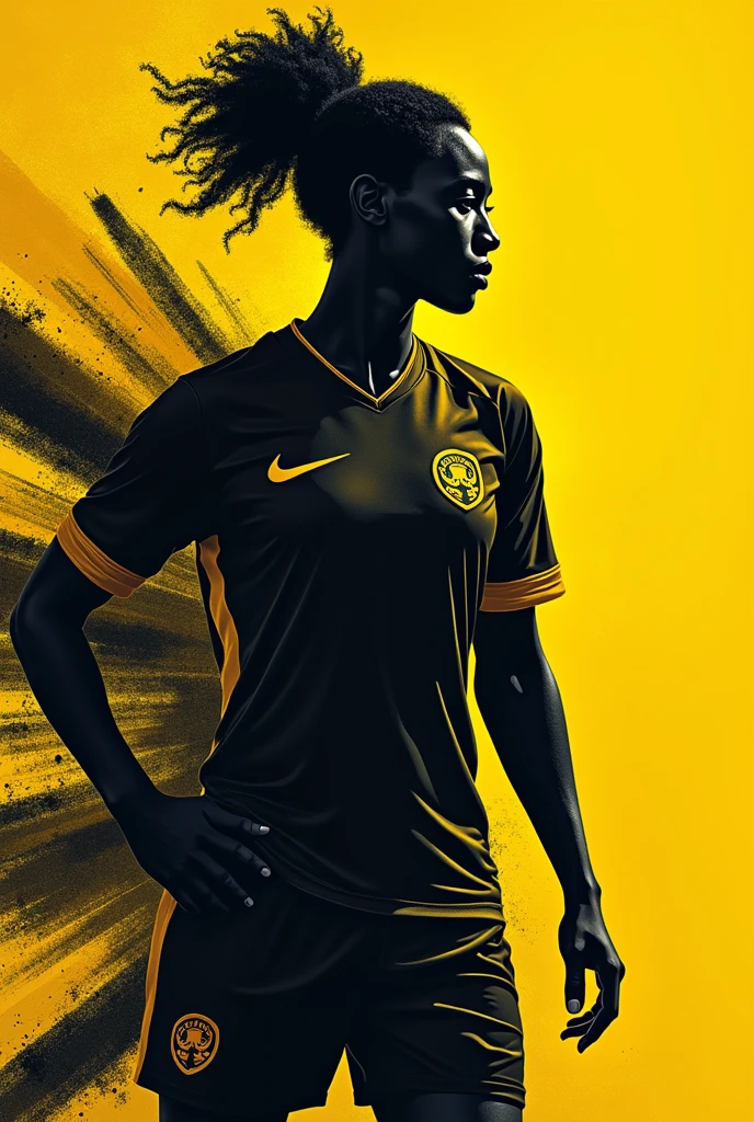 For a black women's soccer uniform.with a design of a silhouette of a muscular man in profile posing and showing his muscles vectorized where a design with strokes and lines in black and yellow tones is shown simulating that rays come out of his body throughout the shirt you could consider the following:
shirt:
Color Base: negro.
Brand : nike
Design: A design on one side of the t-shirt with a vectorized design of a muscular man.
Shorts: negro con amarillo
Color Base: negro.
Details: They could have small accents in yellow to complement the design of the shirt.
socks: