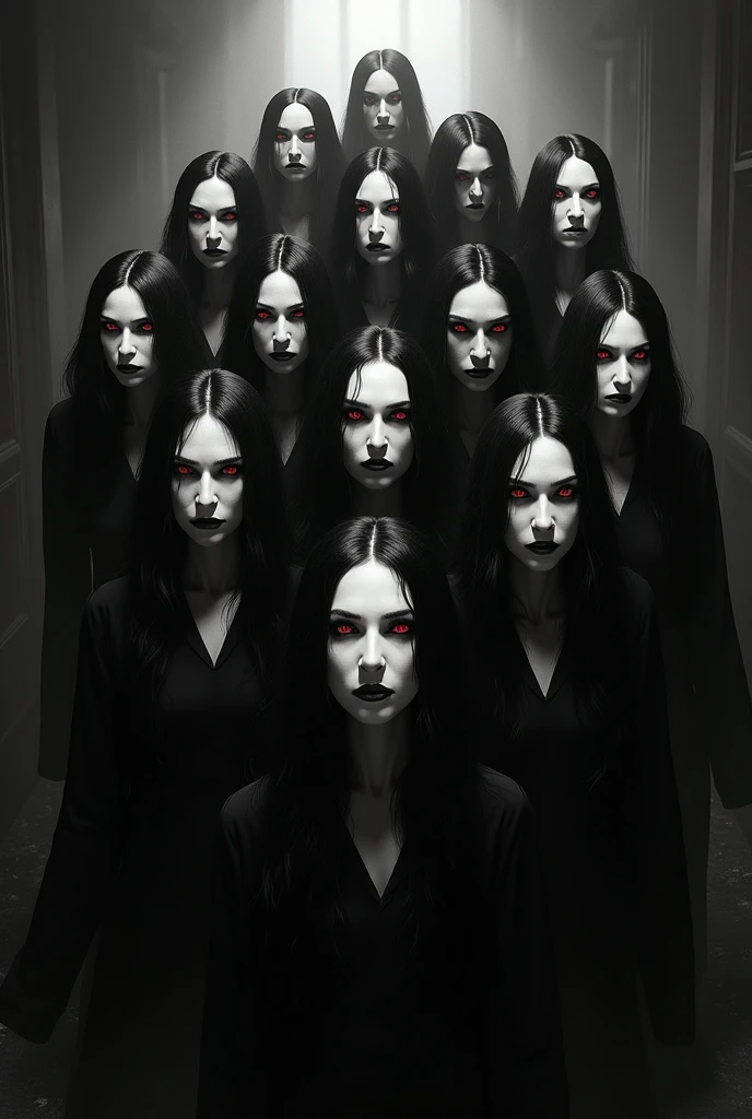 In black and white make 13 vampires and red eyes, and long black hair