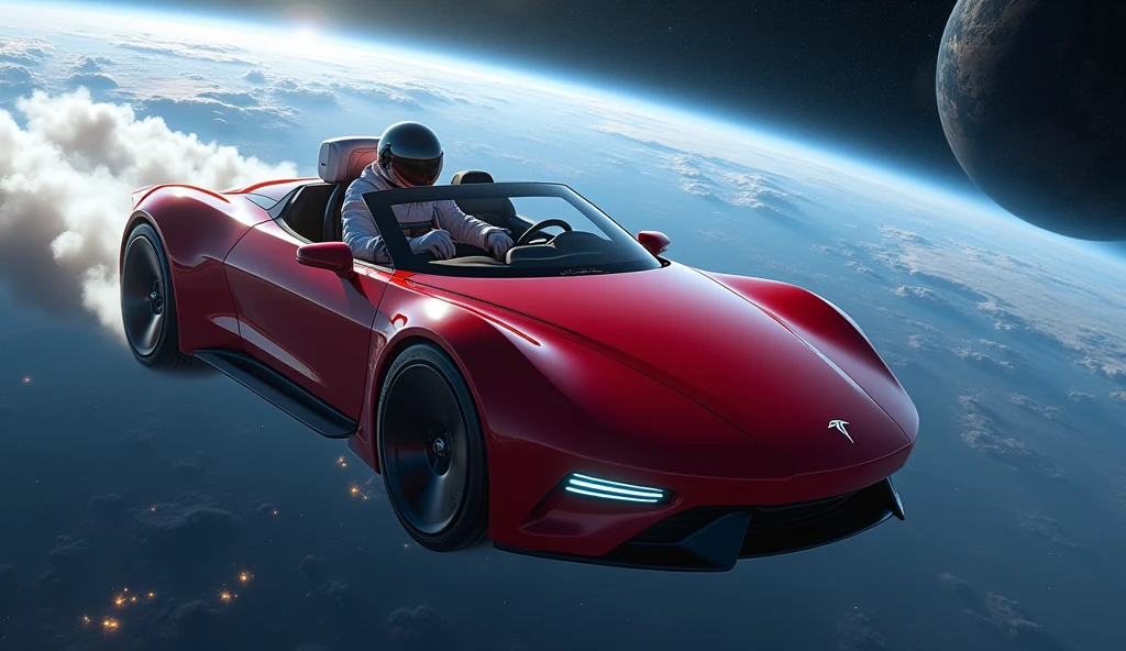 hyperréaliste , masterpiece, vue aérienne d’une super voiture de sport rouge décapotable conduite par un cosmonaute avec une planète bleue au loin en arrière-plan, Dérive dans l’espace, SpaceX, Epic Road - Voyage dans l’espace, la voiture Vole dans le vide de l’espace, Tesla moderne, regarder dans l’espace, voler dans l’espace, Lancement dans l’espace, cosmonaute dans l’espace, voyage dans l’espace