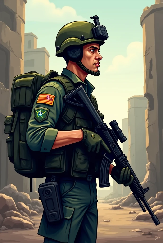 Logo of a youtube gaming channel with a Brazilian army soldier, profile facing right from the waist up, with a STG 44 in hand, the ruined background, image looking like a cartoon