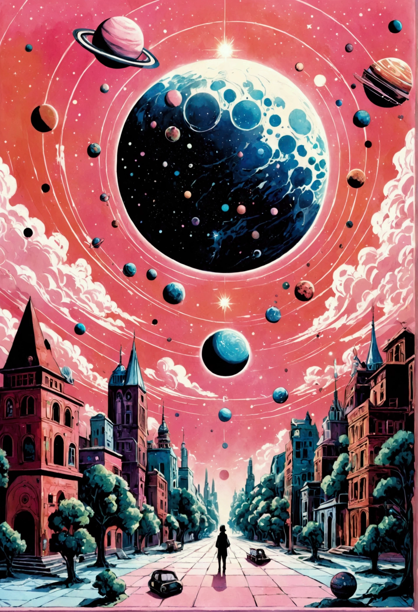 a Portrait of {subject}, in a pink background with a few colorful shapes and small black lines representing different objects in the sky, along with some large pink or blue planets or stars. The central figure is an abstract representation surrounded by various other floating elements like trees, buildings, or flying vehicles. There's also another object resembling what appears to be space ship, which adds depth to the composition. in the style of lithography