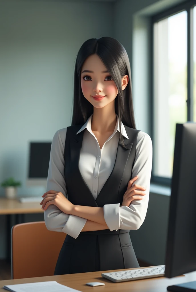 Realistic。Realistic。Beautiful Secretary。Japanese。28 years old、Honesty、intellectual、smile、Black Hair、Straight hair、like、