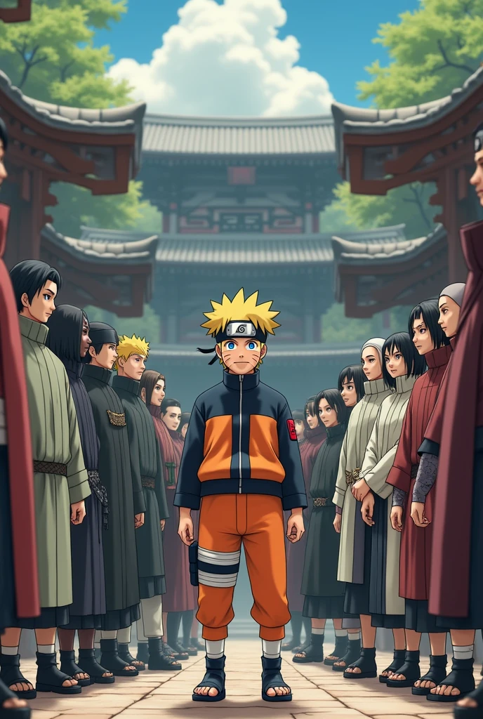 Naruto with the entire Uzumaki Clan, posing heroically, smiling with the clan in temples in the background