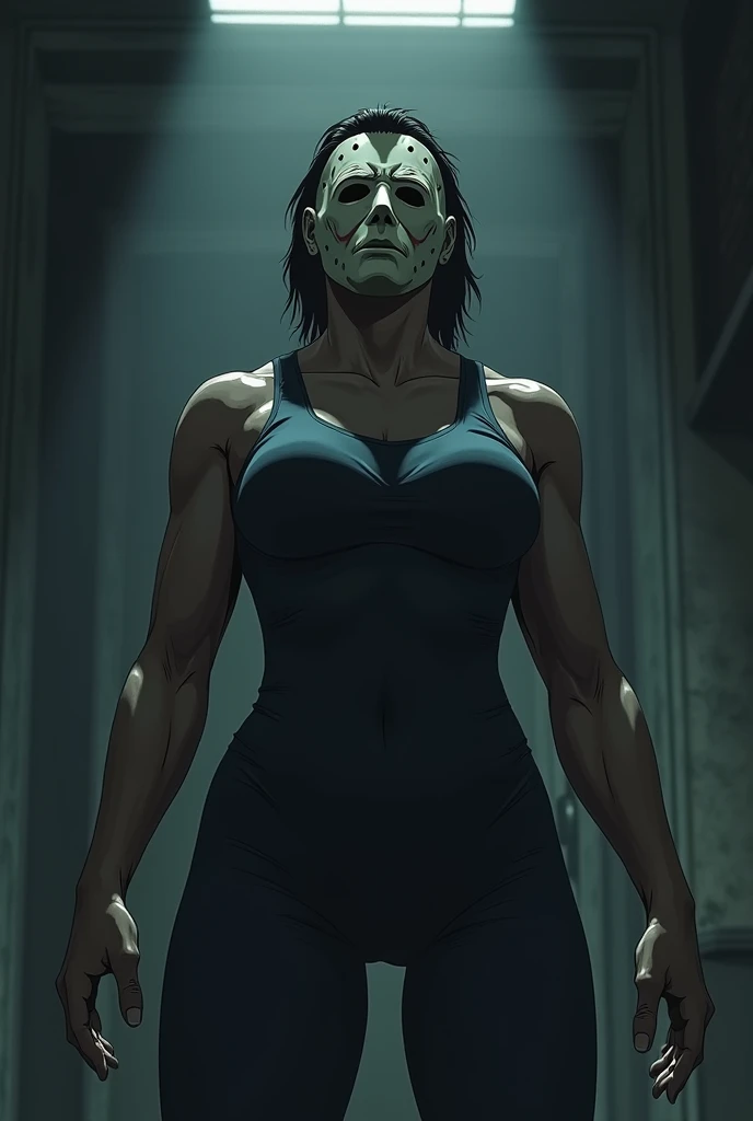 Create a muscular female version of the killer Michael Myers in animation
