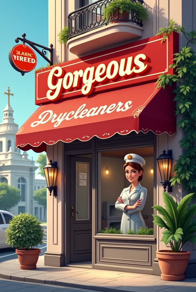 A poster of a nice drycleaning shop and the name of the shop is "gorgeous drycleaners"