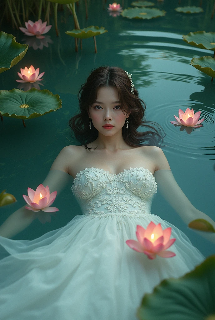 Bride in water where her face is half filled in water and the rest of the face is out side and the water is filled with lotus and candles