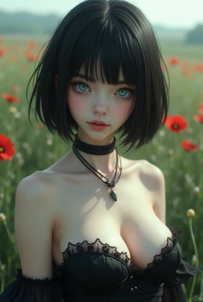 Pale-skinned goth girl without exaggeration, short black hair , one green eye and one blue, that only her torso and her beautiful perfect tits and perfect tits and ass can be seen with a smile and a look that expresses love for me, realistic style with a summer style background or in a field of flowers realistic style that looks like a photo