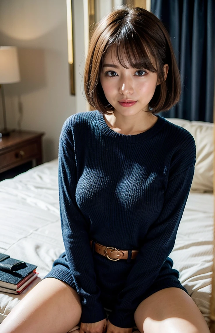 Selfie、Woman sitting on bed、Light brown hair、A woman with a cute upward gaze、Tight clothing that shows your body lines、、Elegant navy blue summer knit、Elegant black summer sweater、belt、Short skirt、Wear elegant clothes、((short hair:1.4))、Private's cute、彼女のAmple breastsは服の上からでも明らかです、Lens flare、{{Cowgirl Shot}}、((Close-up shot from the waist up、Ample breasts:1.4))、にっこりsmile、服からでも分かるAmple breasts、Cowboy Shot、素敵なsmile、((Ample breasts))、Full body photo、ring、Short skirt、Silver Necklace、smile、Highly detailed photos、Very 美しい and ideal short hair、Super no makeup、(8k、RAW Photos、Highest quality、masterpiece:1.2)、(Realistic、Realistic)、1 person、((short hair、Looking into the camera:1.4))