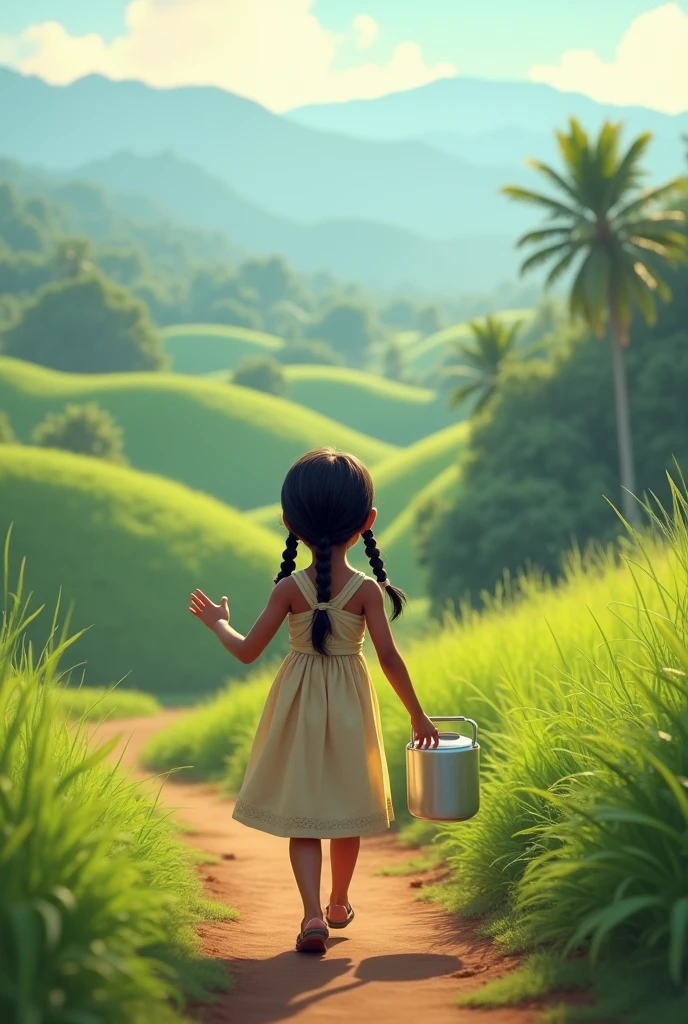 Misty, greenish hills and morning mountains in a village kerala sunny day and a girl wearing pavada, hair two side braided walking, a milk container in her hand