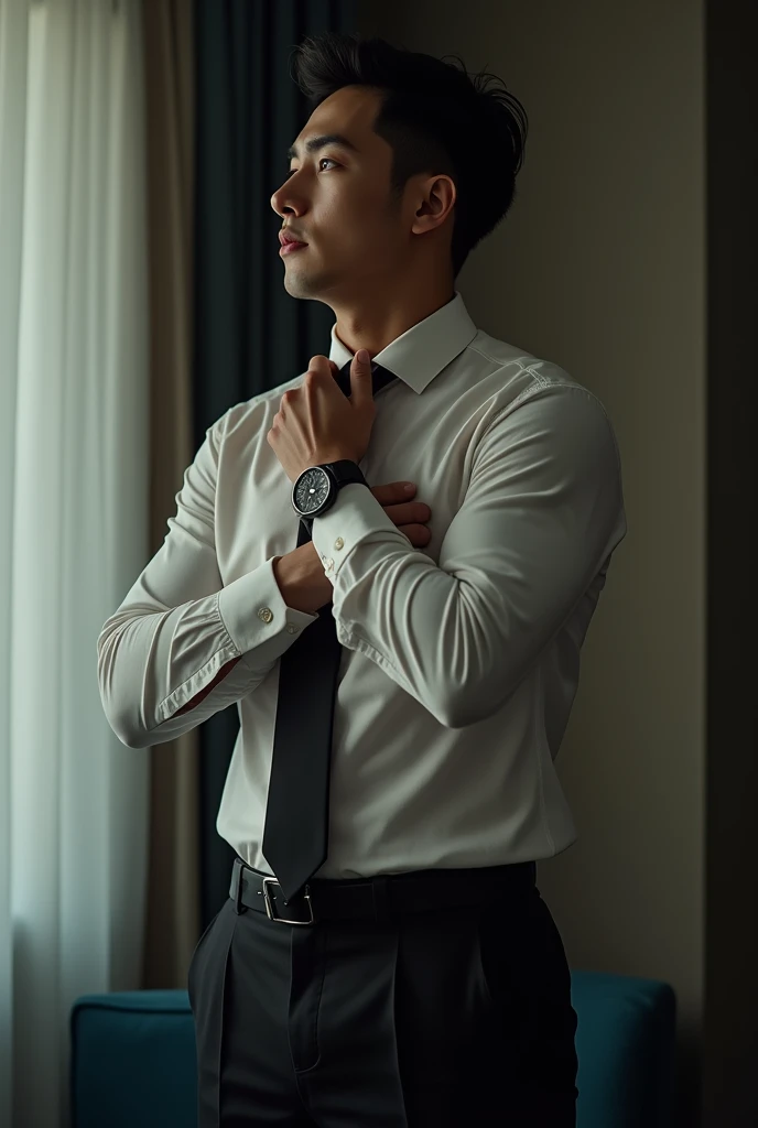 1 handsome Korean gentleman, 27 years old, Lawyer, formal shirt and tie, Lawyer,wetclothes,wear glasses,provocative and erotic pose, armpit sweat, Professional attire, Handsome and elegant, Wearing uniform, sexy abstinence, wearing blouse, Masculine and handsome, muscular, Nice looking muscles, , fair skin, Black eyes (1:3 thin eyes), Full body shot, erotic face, firm chest, provocative, , sexy