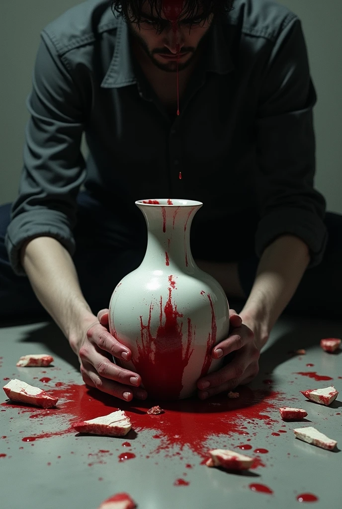 on floor broken flower 
vase with blood drops driping from a mans hands 
