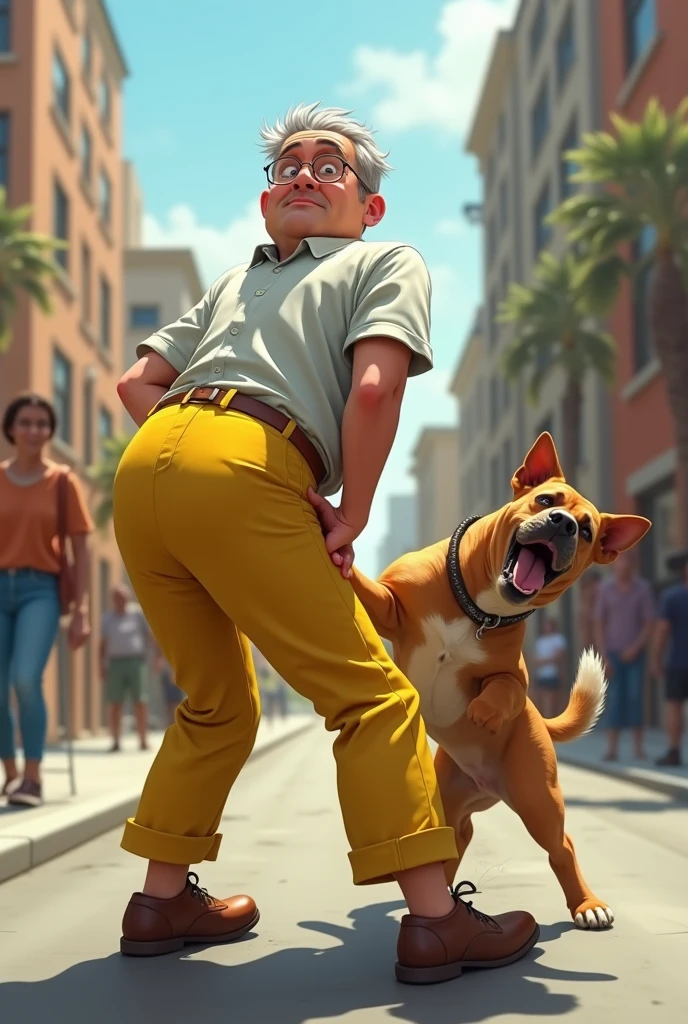 dog bite butt man yellow trousers