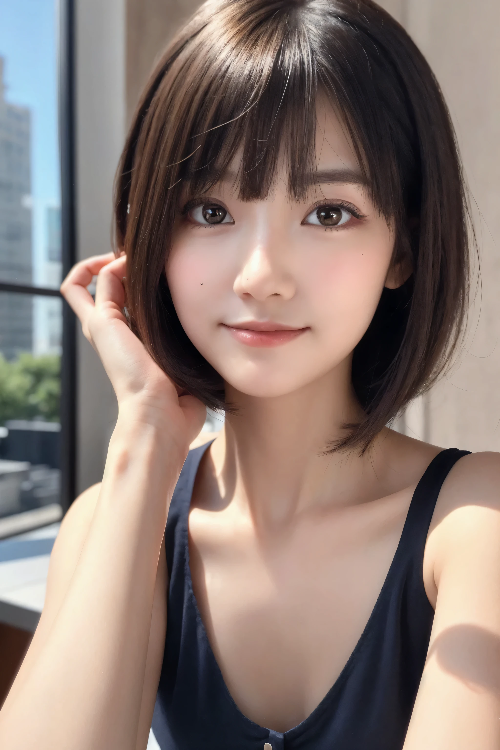 (8k, RAW Photo, Best Quality, Masterpiece:1.2), table top, Ultra Detail, Super Resolution, (Realistic, Realistic Photo:1.37), Portrait, High Detail RAW Color Photo, Professional Photo, Extremely Detailed and Beautiful, Extremely detailed, 8k wallpaper, amazing and detailed, huge file size, official art, highly detailed CG unity 8k wallpaper, highly detailed beautiful girl, highly detailed face, highly detailed eyes, highly detailed skin, highly detailed fingers, highly detailed nose, very detailed detailed mouth , perfect anatomy, highly detailed background, highly detailed clothes, 1girl, ,cute girl, realistic body, fair skin, glowing skin , slim body, handsome body, black hair , short hair, (blunt bangs:1.2), smile, cute, youthful, cute face, realistic face, delicate eyes, drooping eyes, looking at viewer, facing front, standing posture, Contraposto, dynamic lighting, ((face closeup)), (medium chest), (Perfect Body Proportions), (slender Body Proportions), (bedroom), super sexy pose, ((neat dress)),