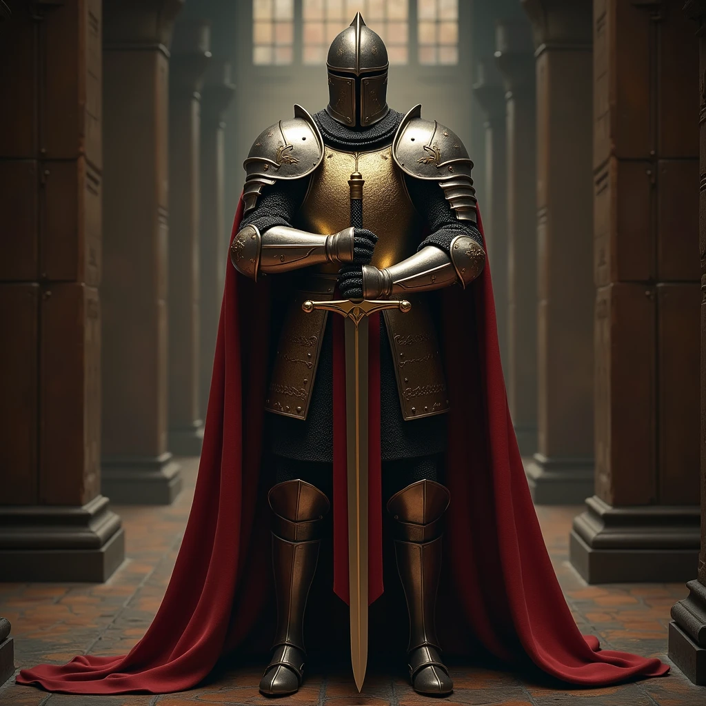 (Highest quality,4K,8k,High resolution,masterpiece:1.2),Very detailed,(Realistic,Realistic,Photorealistic:1.37),A warrior in armor stood in the hall brandishing a sword., Full-body portrait of a mysterious knight, Wearing heavy armor,Sacred warrior wielding a legendary sword, Mythical warrior in full plate armor, Golden knight clad in holy armor, Concept art of a glorious figure, crimson armor knight, Grand Paladin's armor, holy medieval knight, Get down on one knee, Blade embedded in the ground, propose, Full Body Shot.