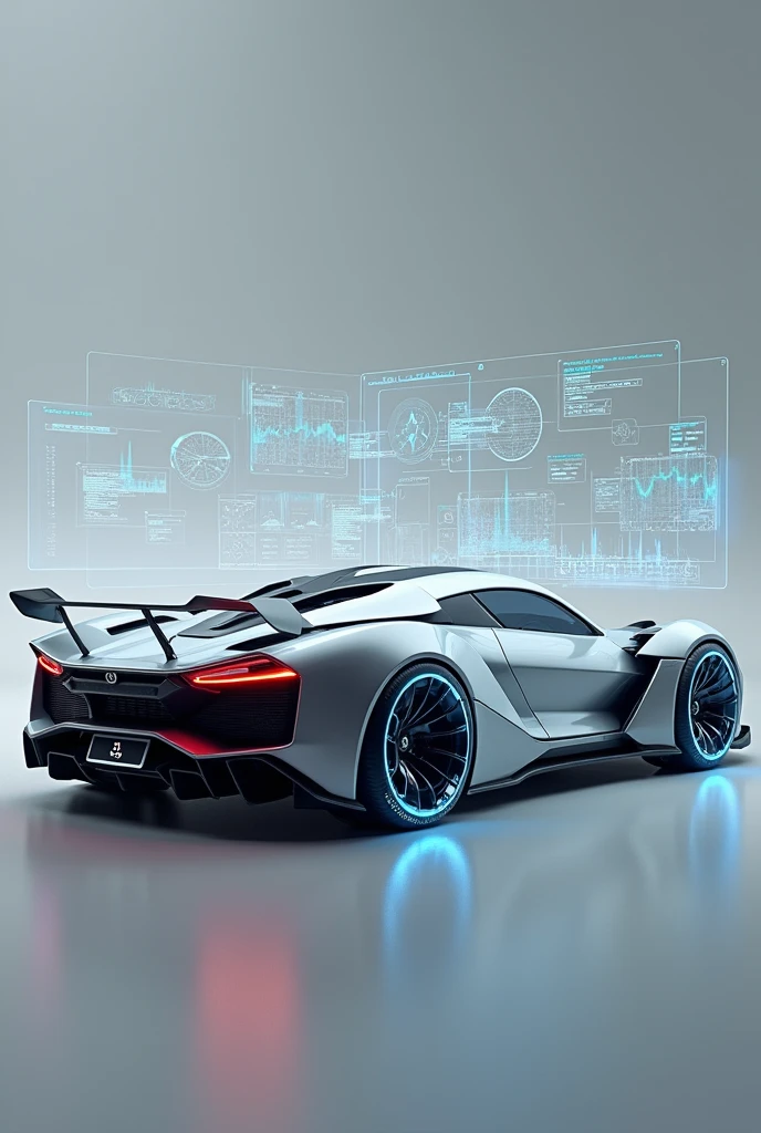 Augmented reality view, AR interface overlay, transparent data displays, floating information panels, high-tech HUD elements, full field of vision, sleek futuristic sports car, aerodynamic design, gull-wing doors, advanced LED lighting, holographic wheels, metallic finish, cutting-edge technology, simple grey background, ultra-modern styling, aggressive stance, clean lines, innovative materials