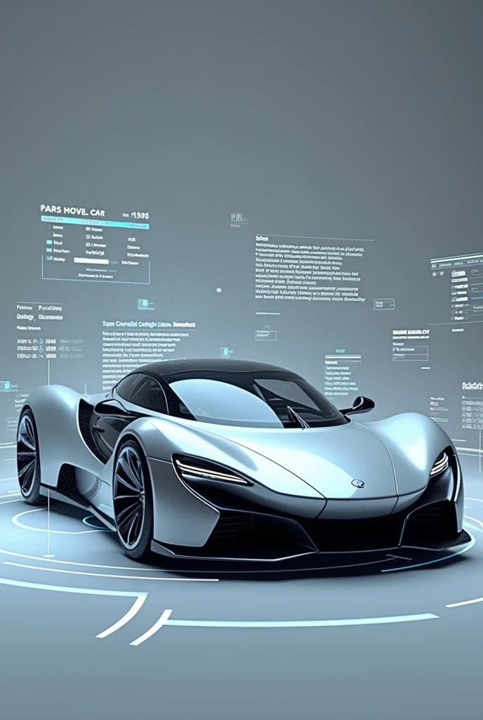 Augmented reality view, AR interface overlay, transparent data displays, floating information panels, high-tech HUD elements, full field of vision, sleek futuristic sports car, aerodynamic design, gull-wing doors, advanced LED lighting, holographic wheels, metallic finish, cutting-edge technology, simple grey background, ultra-modern styling, aggressive stance, clean lines, innovative materials